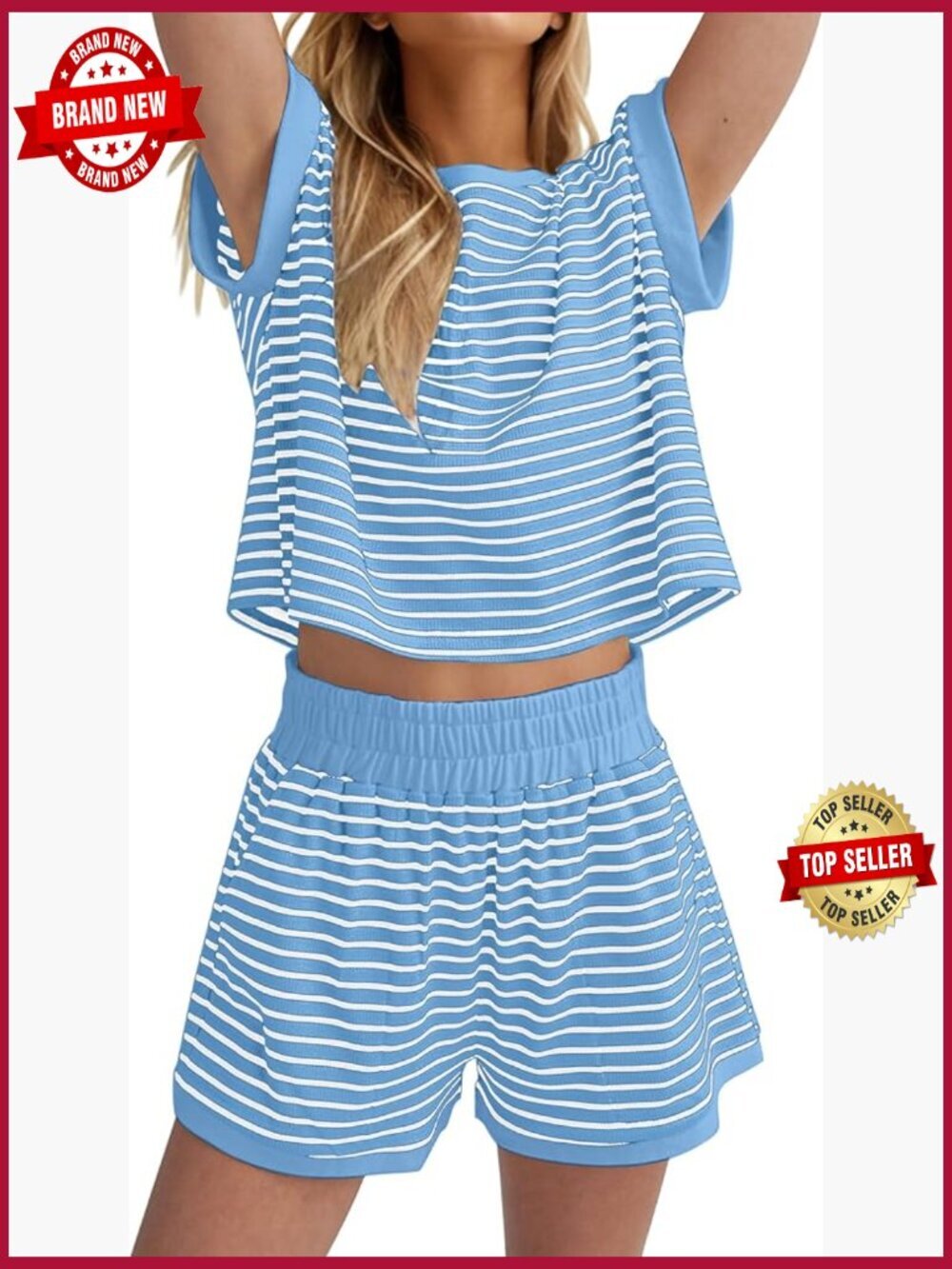 Stripe Knit Short Sleeve Tee & Shorts Lounge Set for Women